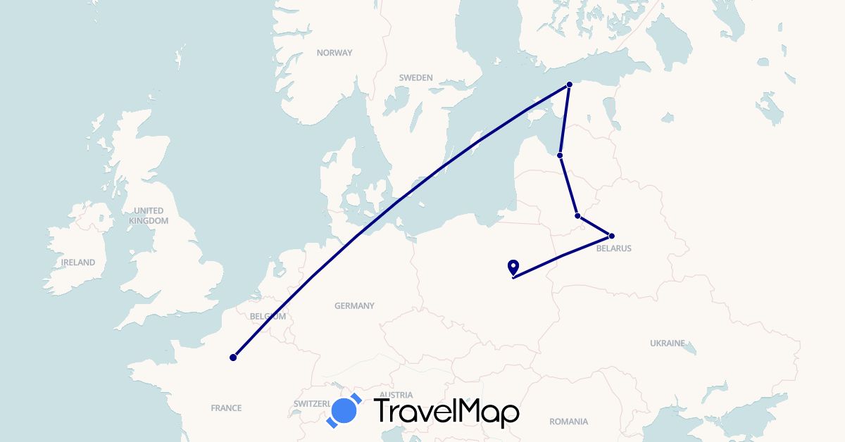 TravelMap itinerary: driving in Belarus, Estonia, France, Lithuania, Latvia, Poland (Europe)